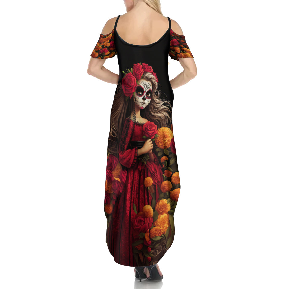 Day of Dead Girl Summer Maxi Dress Sugar Skull Girl Rose And Marigold - Wonder Print Shop