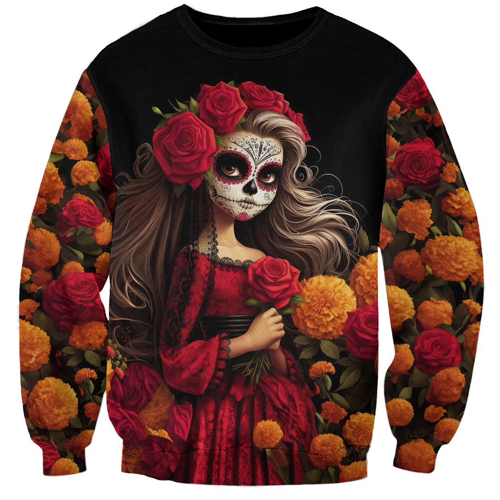Day of Dead Girl Sweatshirt Sugar Skull Girl Rose And Marigold - Wonder Print Shop
