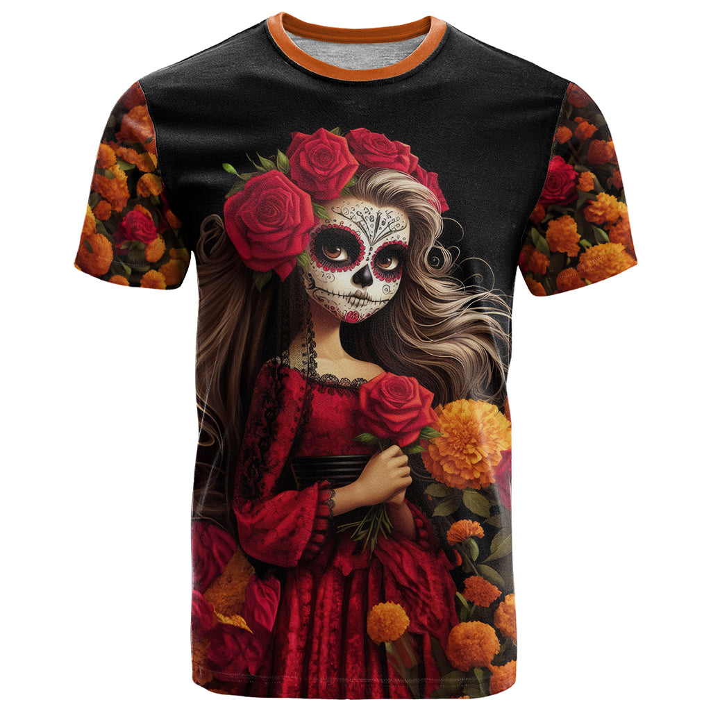 Day of Dead Girl T Shirt Sugar Skull Girl Rose And Marigold - Wonder Print Shop