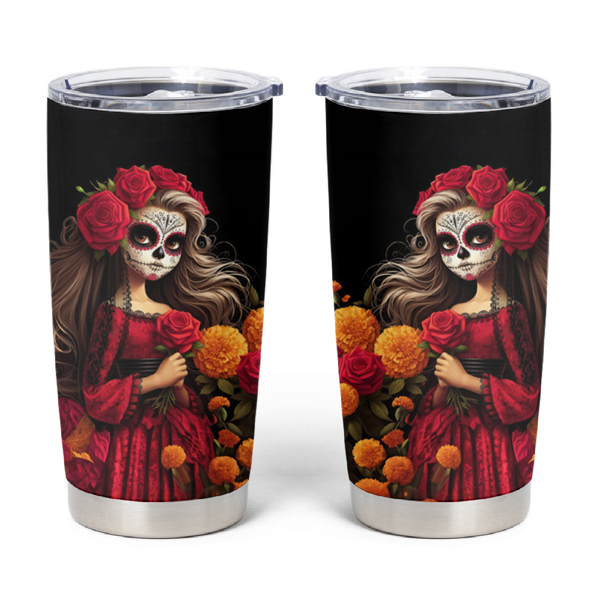 Day of Dead Girl Tumbler Cup Sugar Skull Girl Rose And Marigold - Wonder Print Shop