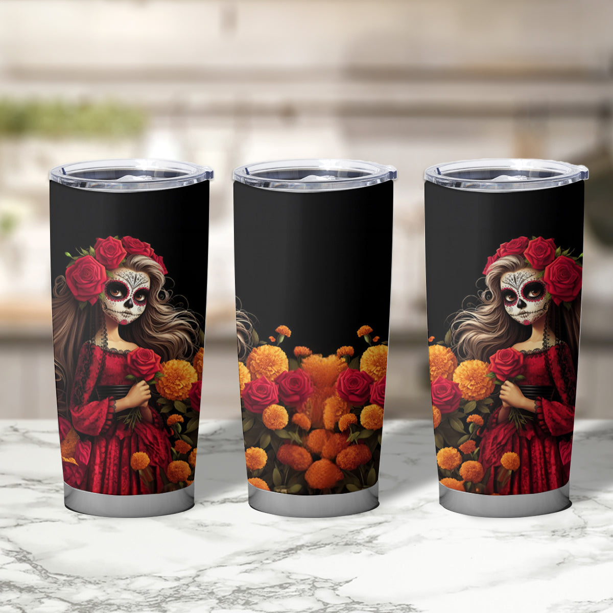 Day of Dead Girl Tumbler Cup Sugar Skull Girl Rose And Marigold - Wonder Print Shop