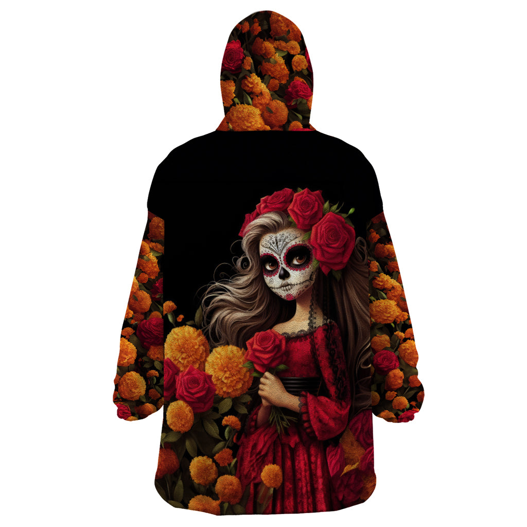 Day of Dead Girl Wearable Blanket Hoodie Sugar Skull Girl Rose And Marigold - Wonder Print Shop
