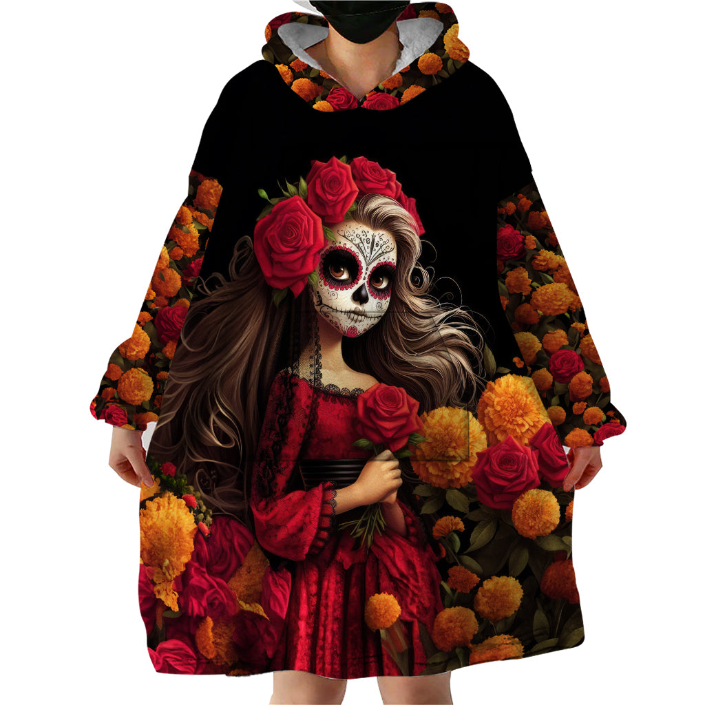 Day of Dead Girl Wearable Blanket Hoodie Sugar Skull Girl Rose And Marigold - Wonder Print Shop