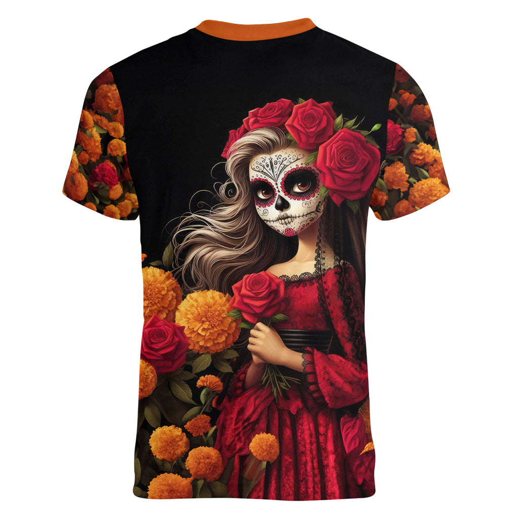 Day of Dead Girl Women V Neck T Shirt Sugar Skull Girl Rose And Marigold - Wonder Print Shop
