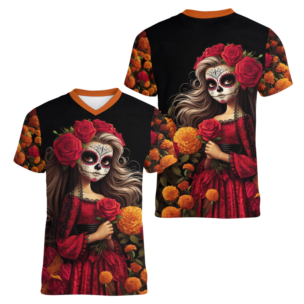 Day of Dead Girl Women V Neck T Shirt Sugar Skull Girl Rose And Marigold - Wonder Print Shop
