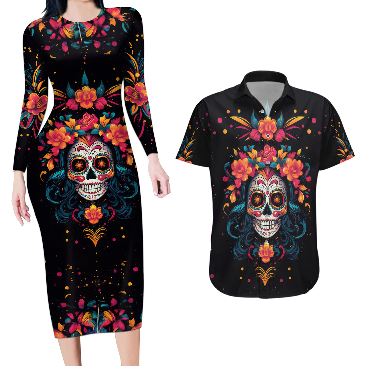 Day of Dead Skull Couples Matching Long Sleeve Bodycon Dress and Hawaiian Shirt Sugar Skull Festival Lady - Wonder Print Shop