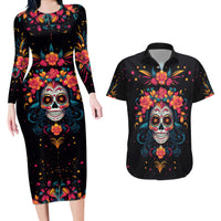 Day of Dead Skull Couples Matching Long Sleeve Bodycon Dress and Hawaiian Shirt Sugar Skull Festival Lady - Wonder Print Shop