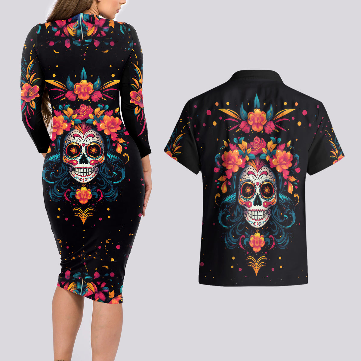 Day of Dead Skull Couples Matching Long Sleeve Bodycon Dress and Hawaiian Shirt Sugar Skull Festival Lady - Wonder Print Shop