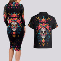 Day of Dead Skull Couples Matching Long Sleeve Bodycon Dress and Hawaiian Shirt Sugar Skull Festival Lady - Wonder Print Shop