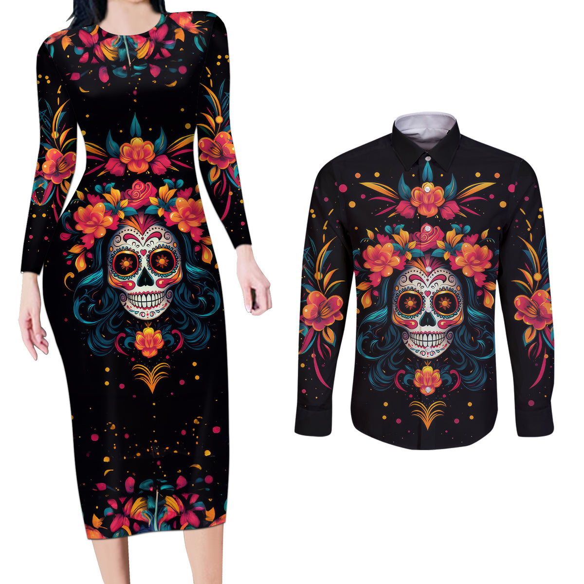 Day of Dead Skull Couples Matching Long Sleeve Bodycon Dress and Long Sleeve Button Shirt Sugar Skull Festival Lady - Wonder Print Shop