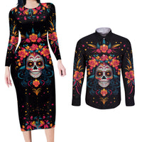 Day of Dead Skull Couples Matching Long Sleeve Bodycon Dress and Long Sleeve Button Shirt Sugar Skull Festival Lady - Wonder Print Shop