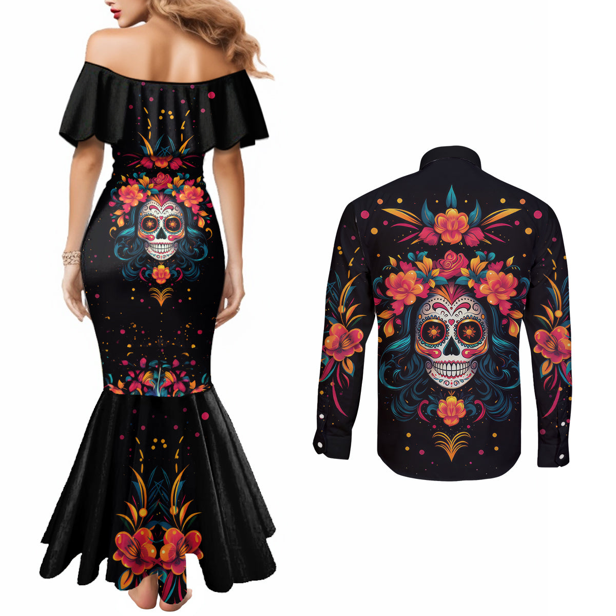 day-of-dead-skull-couples-matching-mermaid-dress-and-long-sleeve-button-shirt-sugar-skull-festival-lady
