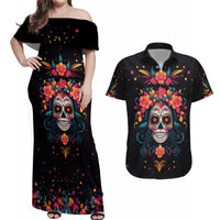 Day of Dead Skull Couples Matching Off Shoulder Maxi Dress and Hawaiian Shirt Sugar Skull Festival Lady - Wonder Print Shop