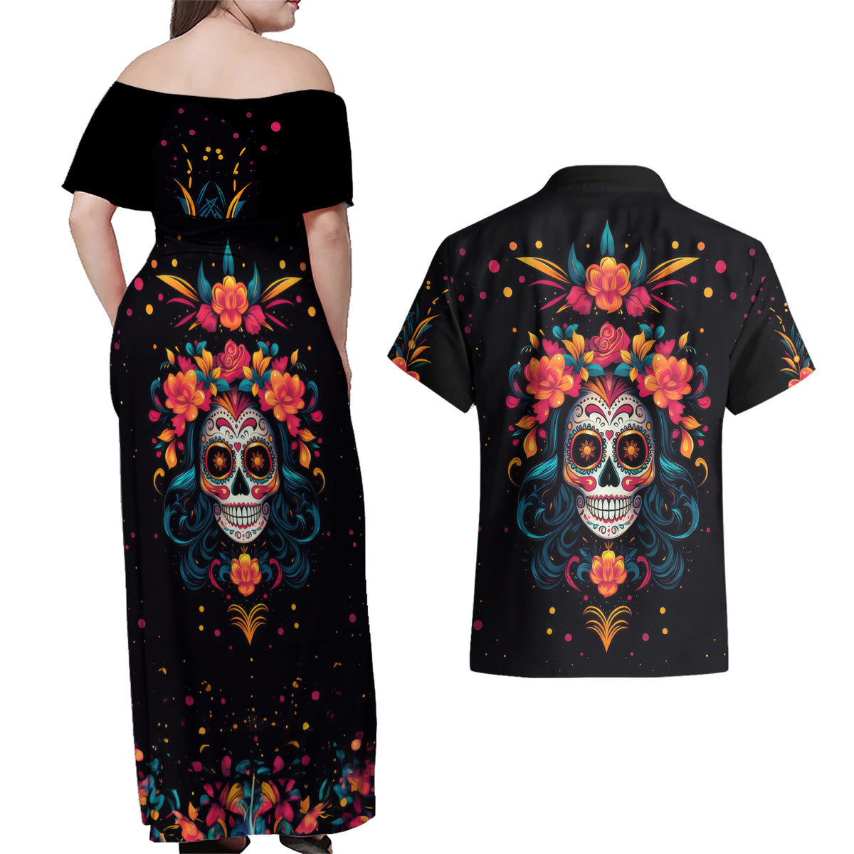 Day of Dead Skull Couples Matching Off Shoulder Maxi Dress and Hawaiian Shirt Sugar Skull Festival Lady - Wonder Print Shop