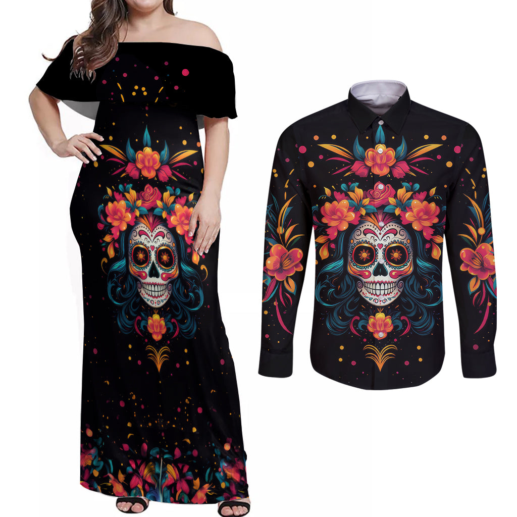Day of Dead Skull Couples Matching Off Shoulder Maxi Dress and Long Sleeve Button Shirt Sugar Skull Festival Lady - Wonder Print Shop