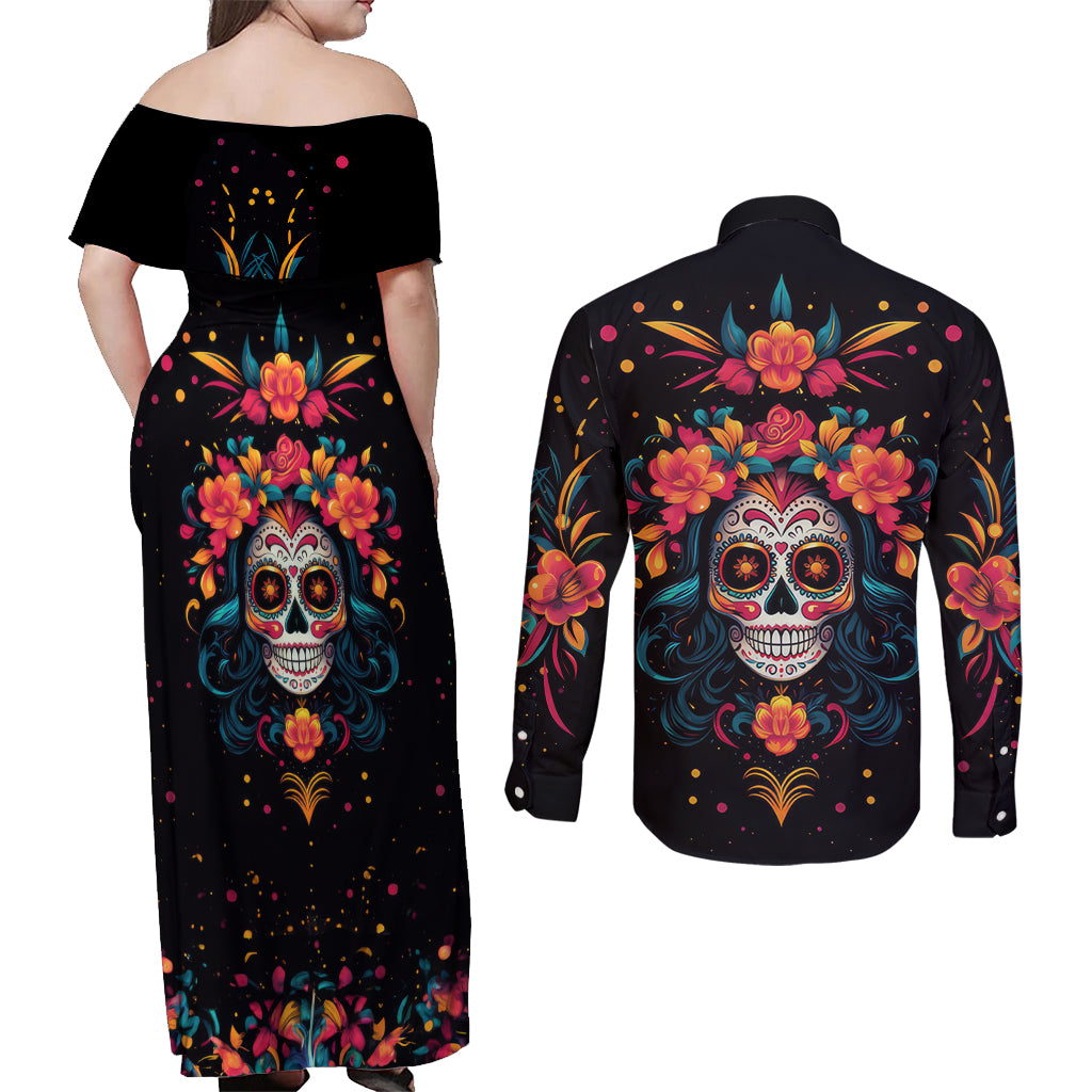 Day of Dead Skull Couples Matching Off Shoulder Maxi Dress and Long Sleeve Button Shirt Sugar Skull Festival Lady - Wonder Print Shop