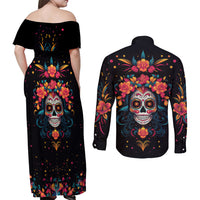 Day of Dead Skull Couples Matching Off Shoulder Maxi Dress and Long Sleeve Button Shirt Sugar Skull Festival Lady - Wonder Print Shop