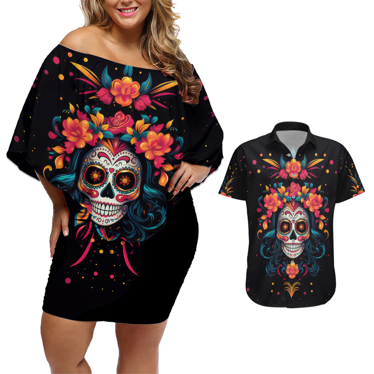 Day of Dead Skull Couples Matching Off Shoulder Short Dress and Hawaiian Shirt Sugar Skull Festival Lady - Wonder Print Shop