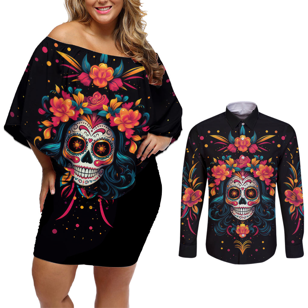 Day of Dead Skull Couples Matching Off Shoulder Short Dress and Long Sleeve Button Shirt Sugar Skull Festival Lady - Wonder Print Shop