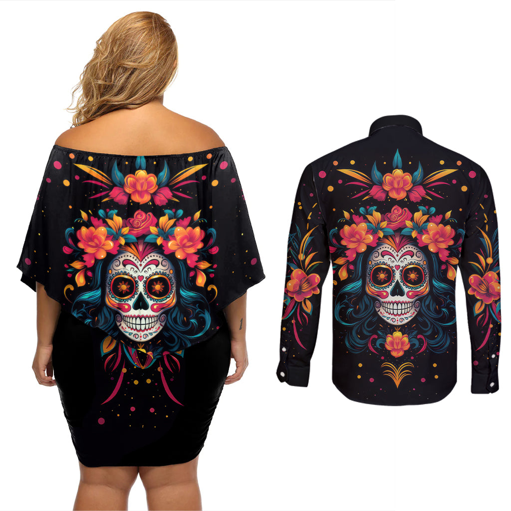 Day of Dead Skull Couples Matching Off Shoulder Short Dress and Long Sleeve Button Shirt Sugar Skull Festival Lady - Wonder Print Shop