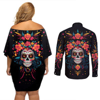 Day of Dead Skull Couples Matching Off Shoulder Short Dress and Long Sleeve Button Shirt Sugar Skull Festival Lady - Wonder Print Shop