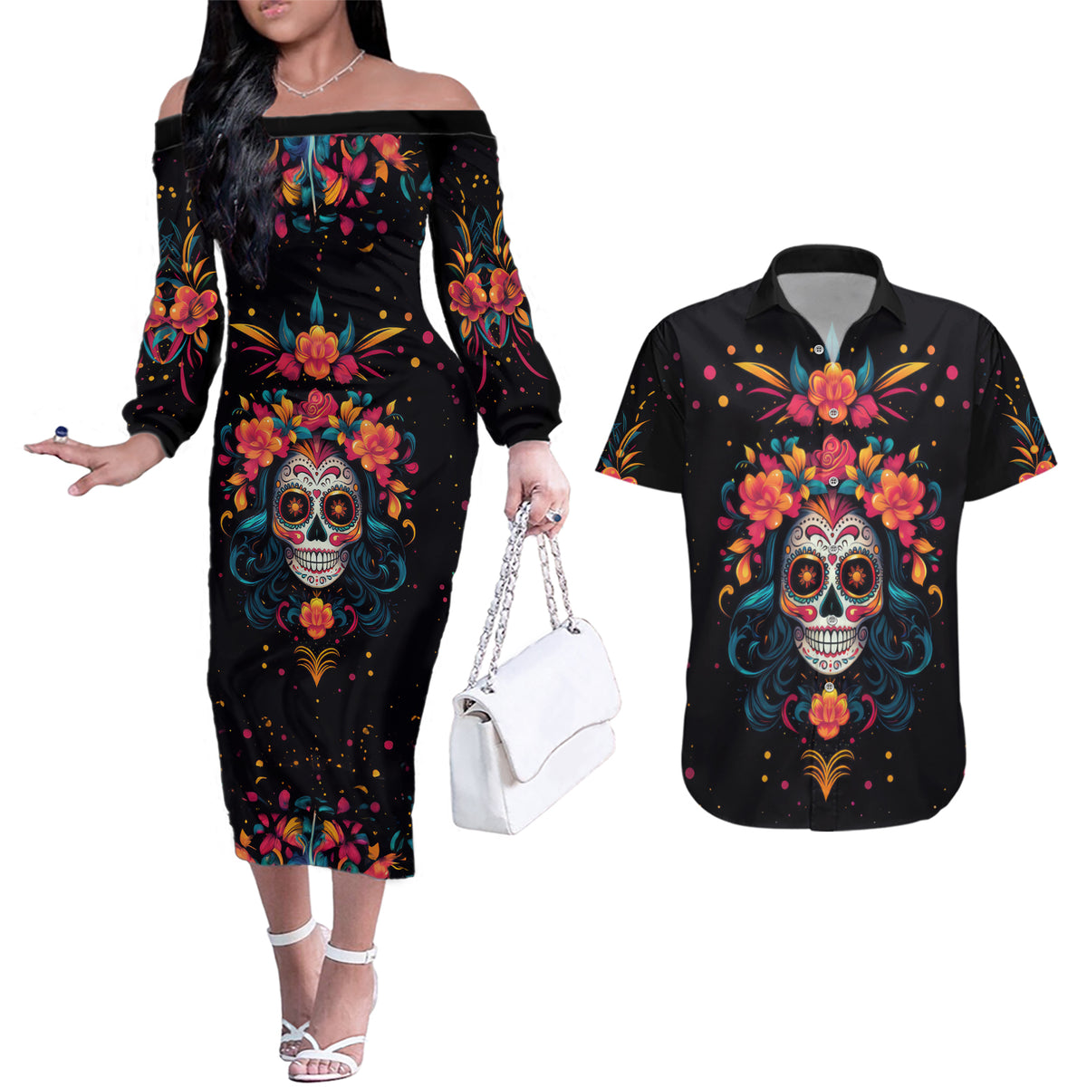 Day of Dead Skull Couples Matching Off The Shoulder Long Sleeve Dress and Hawaiian Shirt Sugar Skull Festival Lady - Wonder Print Shop
