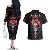 Day of Dead Skull Couples Matching Off The Shoulder Long Sleeve Dress and Hawaiian Shirt Sugar Skull Festival Lady - Wonder Print Shop