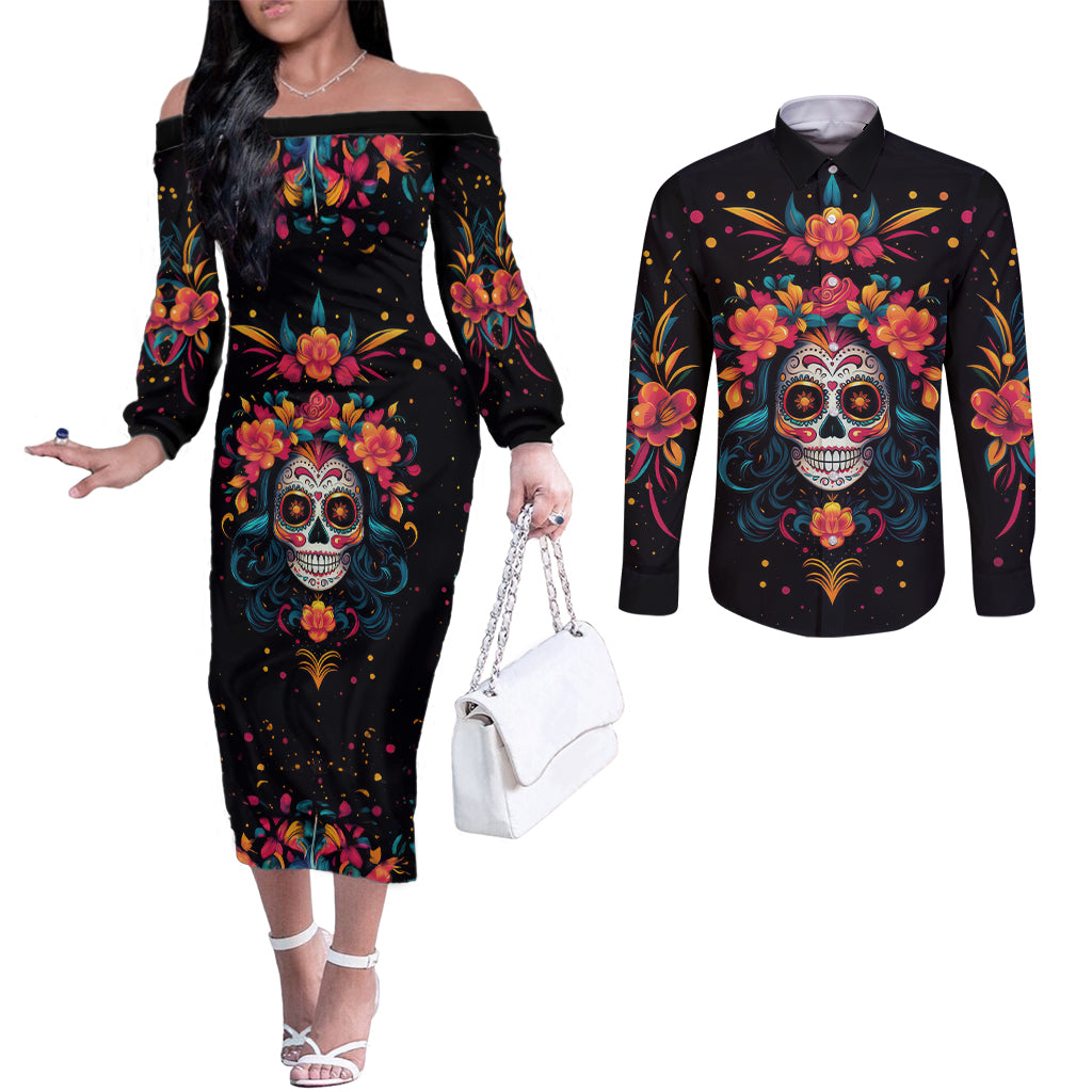day-of-dead-skull-couples-matching-off-the-shoulder-long-sleeve-dress-and-long-sleeve-button-shirt-sugar-skull-festival-lady