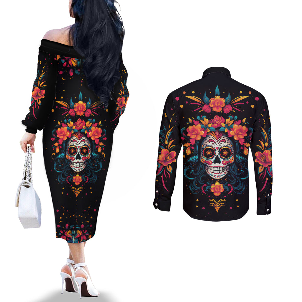 day-of-dead-skull-couples-matching-off-the-shoulder-long-sleeve-dress-and-long-sleeve-button-shirt-sugar-skull-festival-lady