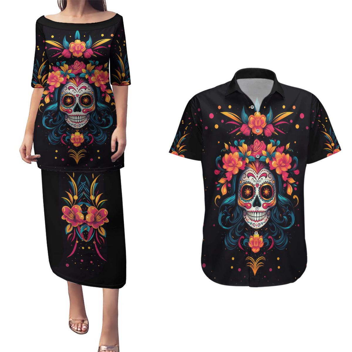 Day of Dead Skull Couples Matching Puletasi Dress and Hawaiian Shirt Sugar Skull Festival Lady - Wonder Print Shop