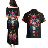Day of Dead Skull Couples Matching Puletasi Dress and Hawaiian Shirt Sugar Skull Festival Lady - Wonder Print Shop