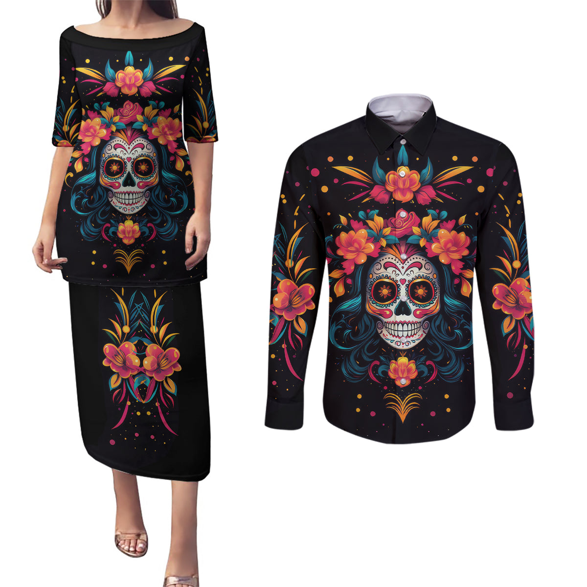 Day of Dead Skull Couples Matching Puletasi Dress and Long Sleeve Button Shirt Sugar Skull Festival Lady - Wonder Print Shop