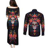 Day of Dead Skull Couples Matching Puletasi Dress and Long Sleeve Button Shirt Sugar Skull Festival Lady - Wonder Print Shop