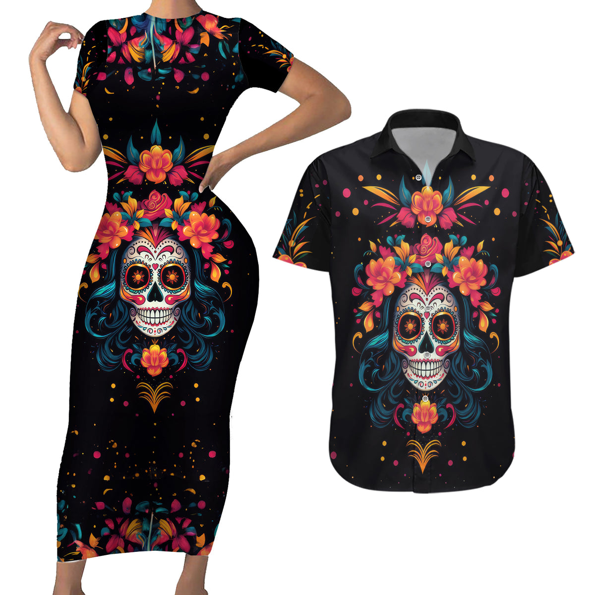 Day of Dead Skull Couples Matching Short Sleeve Bodycon Dress and Hawaiian Shirt Sugar Skull Festival Lady - Wonder Print Shop
