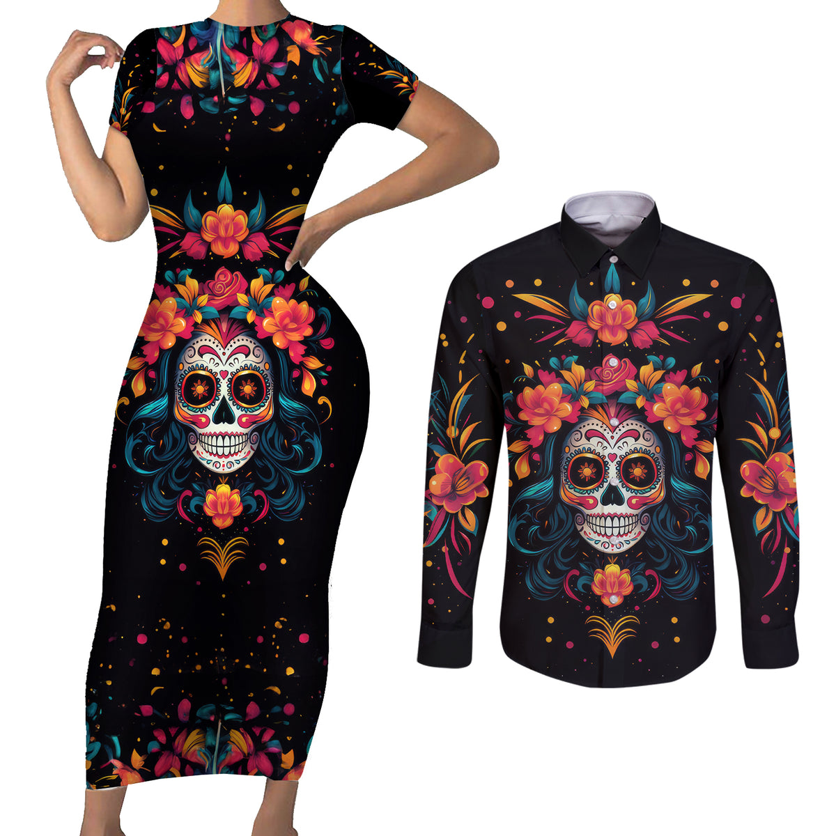 Day of Dead Skull Couples Matching Short Sleeve Bodycon Dress and Long Sleeve Button Shirt Sugar Skull Festival Lady - Wonder Print Shop