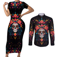 Day of Dead Skull Couples Matching Short Sleeve Bodycon Dress and Long Sleeve Button Shirt Sugar Skull Festival Lady - Wonder Print Shop
