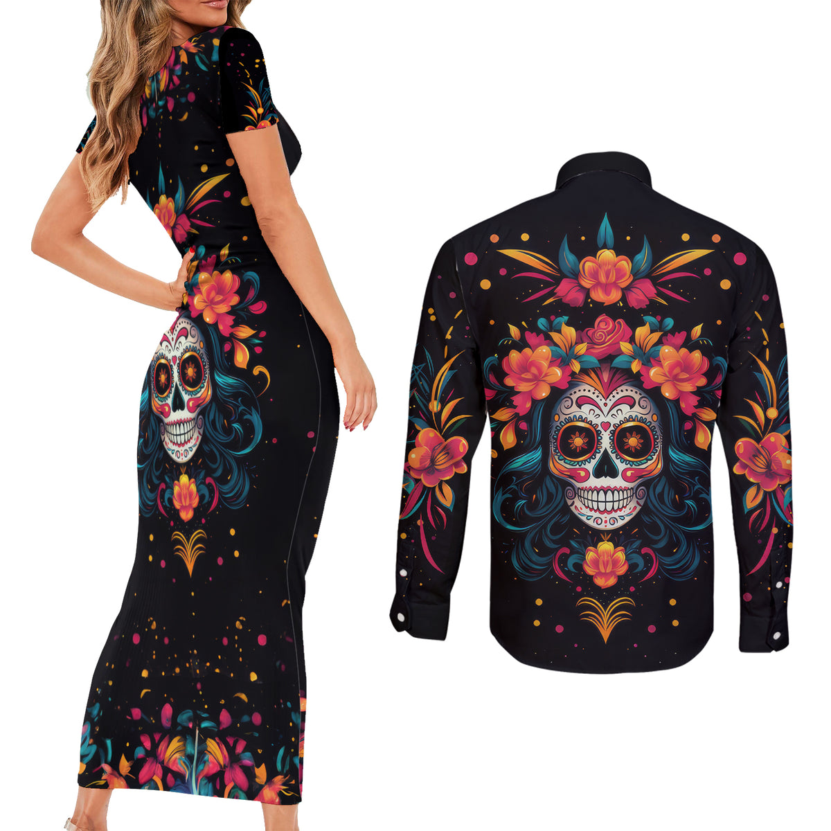 Day of Dead Skull Couples Matching Short Sleeve Bodycon Dress and Long Sleeve Button Shirt Sugar Skull Festival Lady - Wonder Print Shop