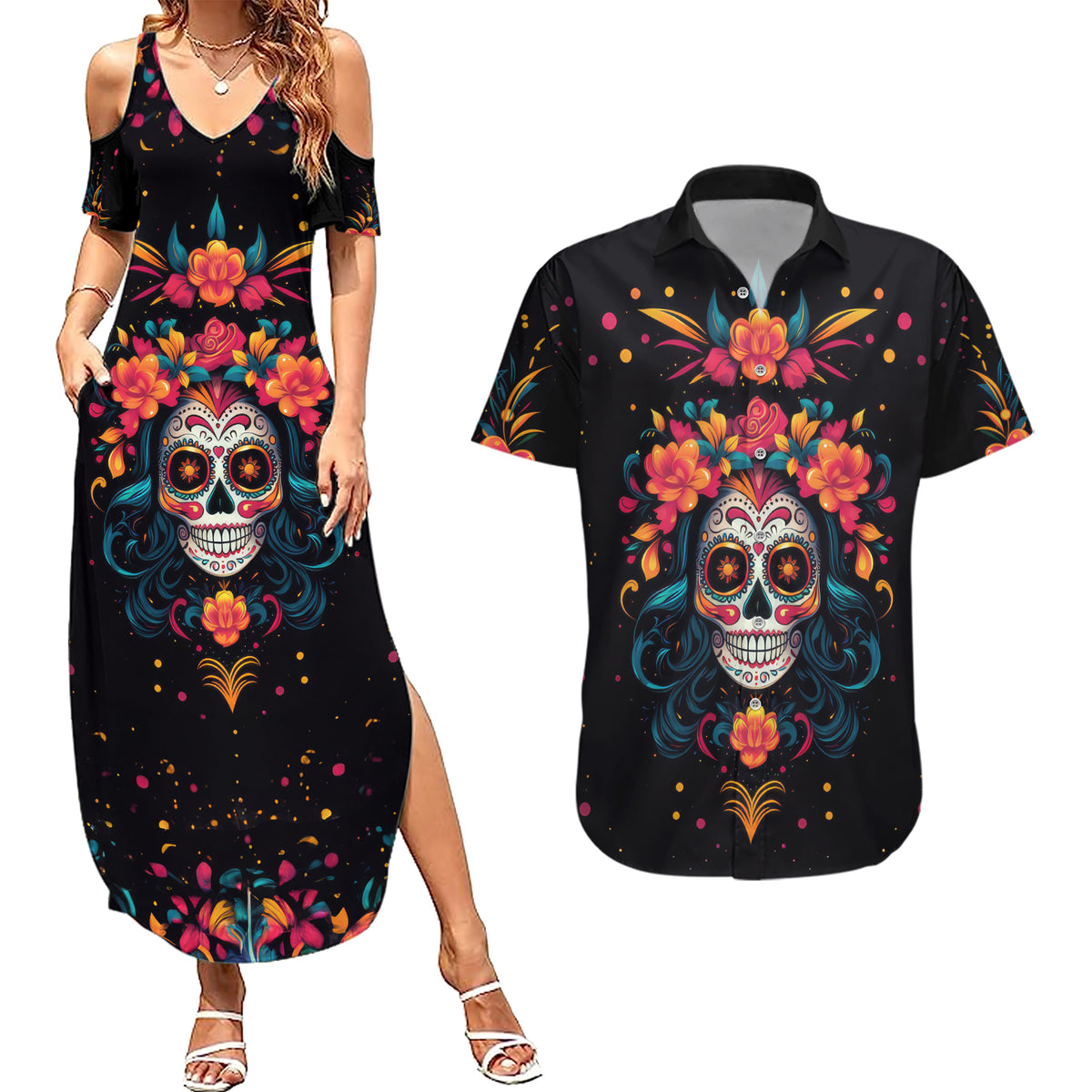 Day of Dead Skull Couples Matching Summer Maxi Dress and Hawaiian Shirt Sugar Skull Festival Lady - Wonder Print Shop