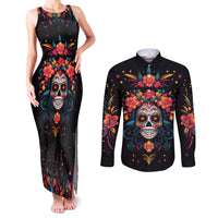 Day of Dead Skull Couples Matching Tank Maxi Dress and Long Sleeve Button Shirt Sugar Skull Festival Lady - Wonder Print Shop