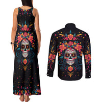 Day of Dead Skull Couples Matching Tank Maxi Dress and Long Sleeve Button Shirt Sugar Skull Festival Lady - Wonder Print Shop