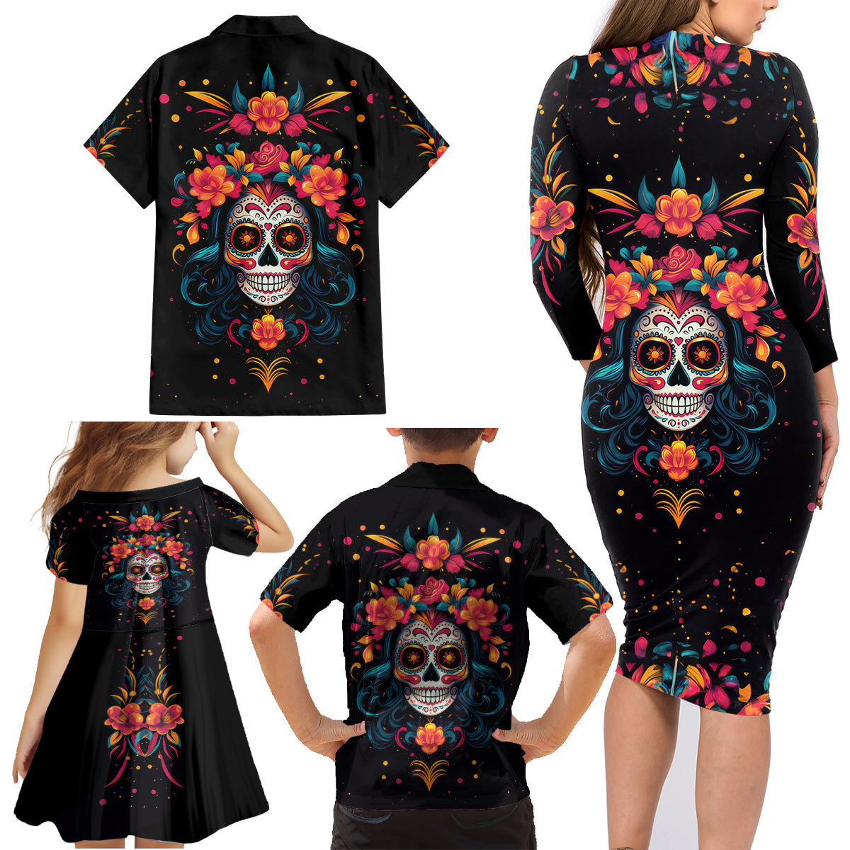 Day of Dead Skull Family Matching Long Sleeve Bodycon Dress and Hawaiian Shirt Sugar Skull Festival Lady - Wonder Print Shop