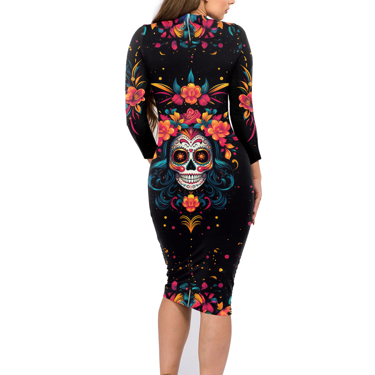 Day of Dead Skull Family Matching Long Sleeve Bodycon Dress and Hawaiian Shirt Sugar Skull Festival Lady - Wonder Print Shop