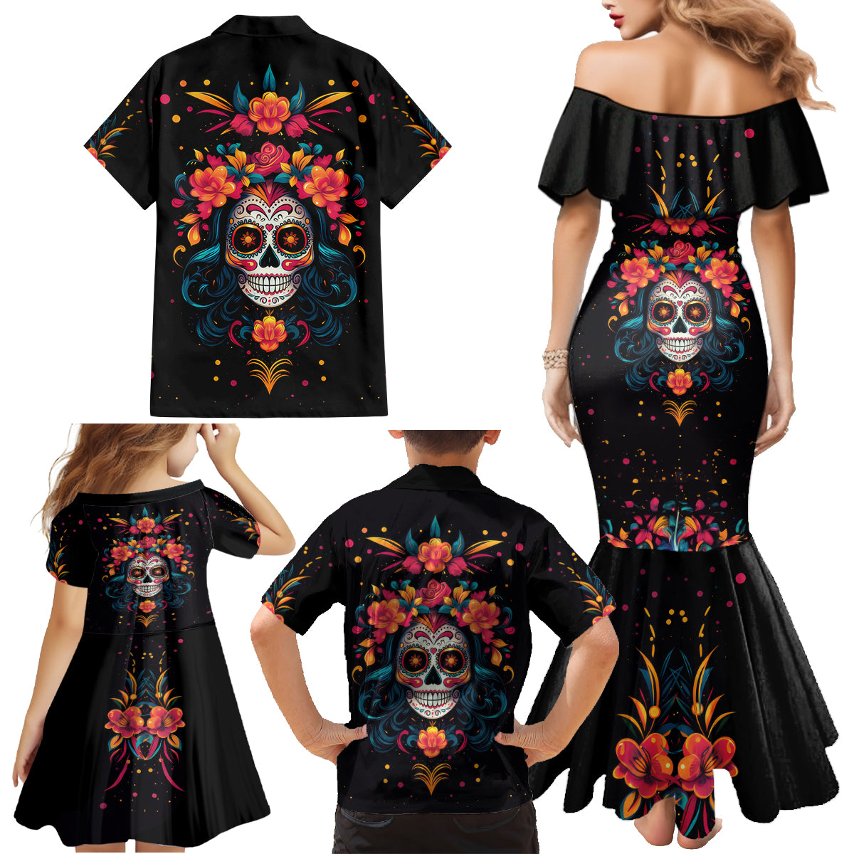 Day of Dead Skull Family Matching Mermaid Dress and Hawaiian Shirt Sugar Skull Festival Lady - Wonder Print Shop