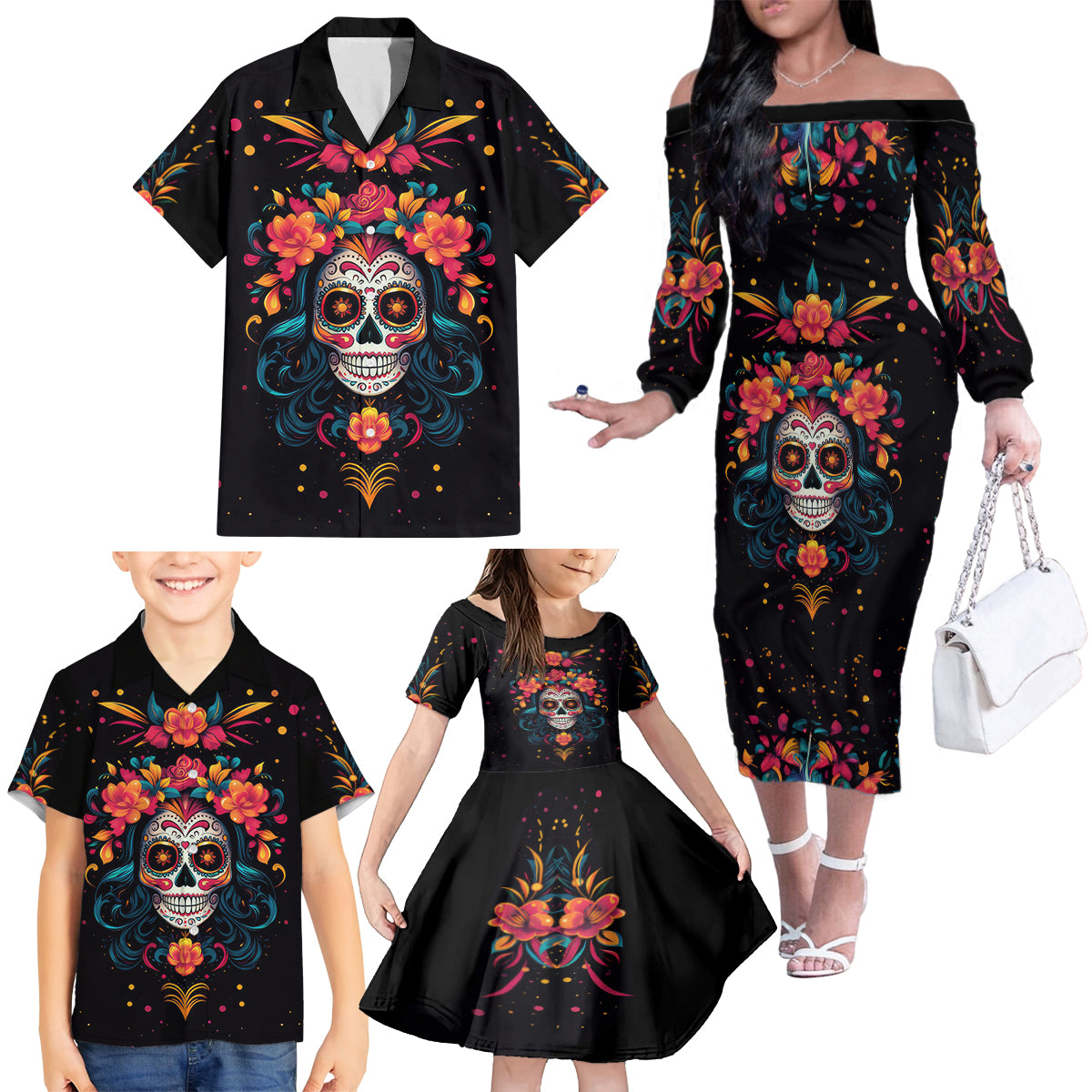 Day of Dead Skull Family Matching Off Shoulder Long Sleeve Dress and Hawaiian Shirt Sugar Skull Festival Lady - Wonder Print Shop