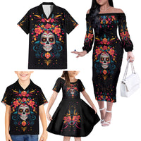 Day of Dead Skull Family Matching Off Shoulder Long Sleeve Dress and Hawaiian Shirt Sugar Skull Festival Lady - Wonder Print Shop