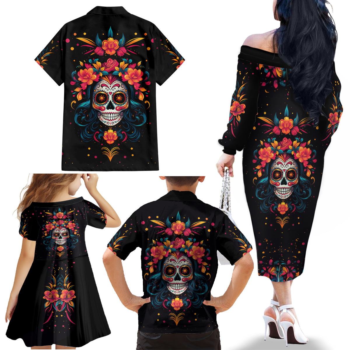 Day of Dead Skull Family Matching Off Shoulder Long Sleeve Dress and Hawaiian Shirt Sugar Skull Festival Lady - Wonder Print Shop