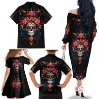 Day of Dead Skull Family Matching Off Shoulder Long Sleeve Dress and Hawaiian Shirt Sugar Skull Festival Lady - Wonder Print Shop