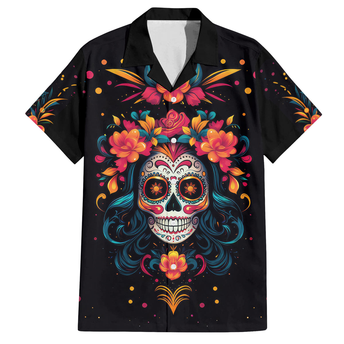 Day of Dead Skull Family Matching Off Shoulder Long Sleeve Dress and Hawaiian Shirt Sugar Skull Festival Lady - Wonder Print Shop