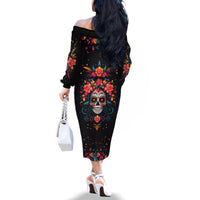 Day of Dead Skull Family Matching Off Shoulder Long Sleeve Dress and Hawaiian Shirt Sugar Skull Festival Lady - Wonder Print Shop