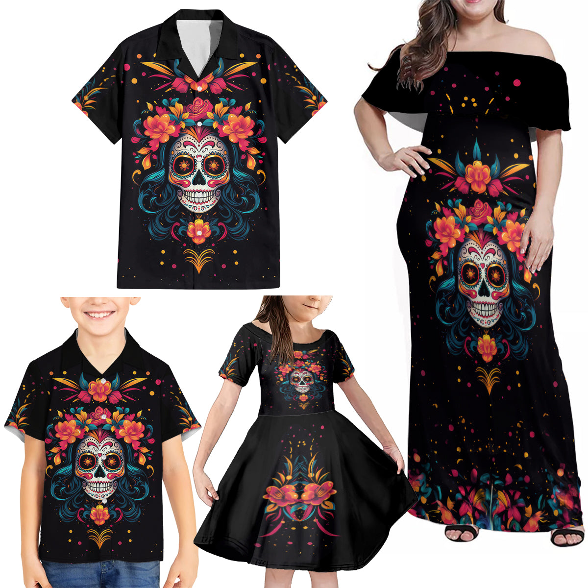Day of Dead Skull Family Matching Off Shoulder Maxi Dress and Hawaiian Shirt Sugar Skull Festival Lady - Wonder Print Shop